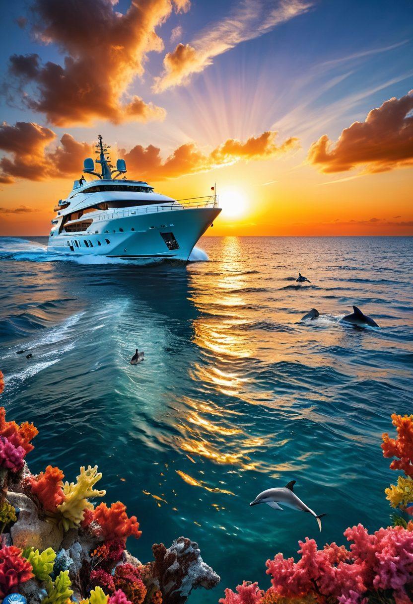 A serene seascape featuring a sleek yacht navigating calm waters, surrounded by vibrant coral reefs and playful dolphins. The scene should showcase a radiant sun setting on the horizon, illuminating the waves with golden hues. Emphasize various types of vessels in the background, symbolizing diverse marine insurance options. Include informative labels subtly integrated into the image, highlighting key concepts of marine coverage. super-realistic. vibrant colors. 3D.