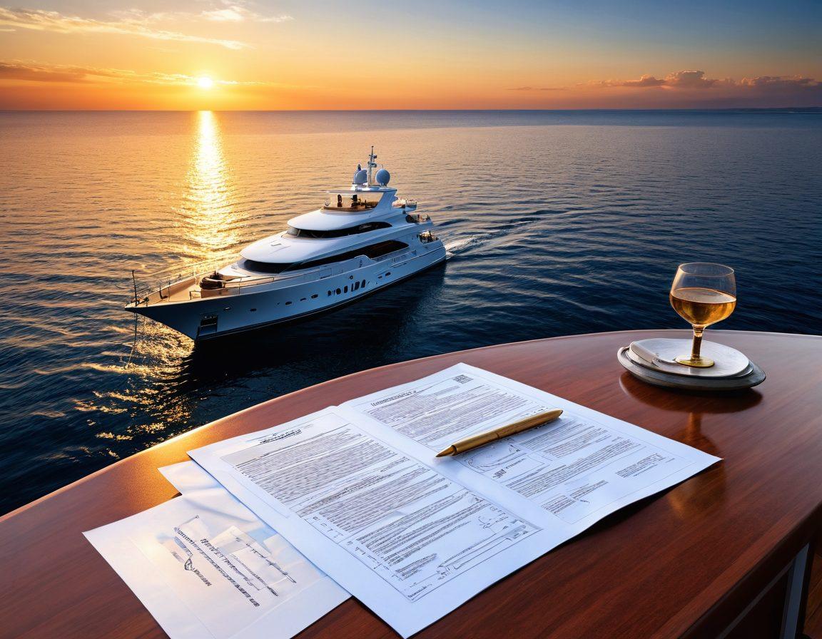 A serene seascape featuring a luxurious yacht anchored peacefully on tranquil blue waters, with a sunset in the background casting golden hues across the sky. Nearby, display various yacht insurance documents scattered on the deck, symbolizing protection and safety. Add a subtle touch of a compass and nautical charts to emphasize navigation. super-realistic. vibrant colors. 3D.