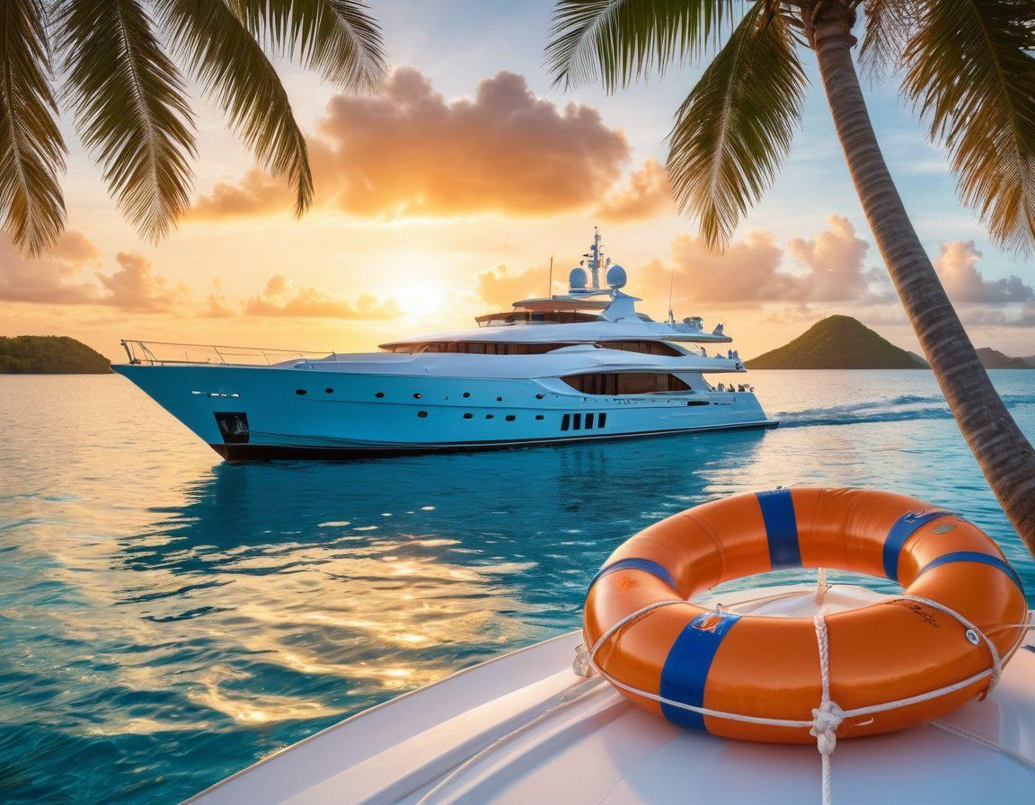 A striking image of a luxurious yacht sailing through sparkling blue waters, surrounded by tropical islands. The yacht is adorned with vibrant flags, symbolizing safety and protection, while lifebuoys and insurance documents float nearby, illustrating liability options. In the background, a radiant sunset casts a golden glow, evoking adventure and serenity. The scene is framed with tropical palm trees. super-realistic. vibrant colors. 3D.